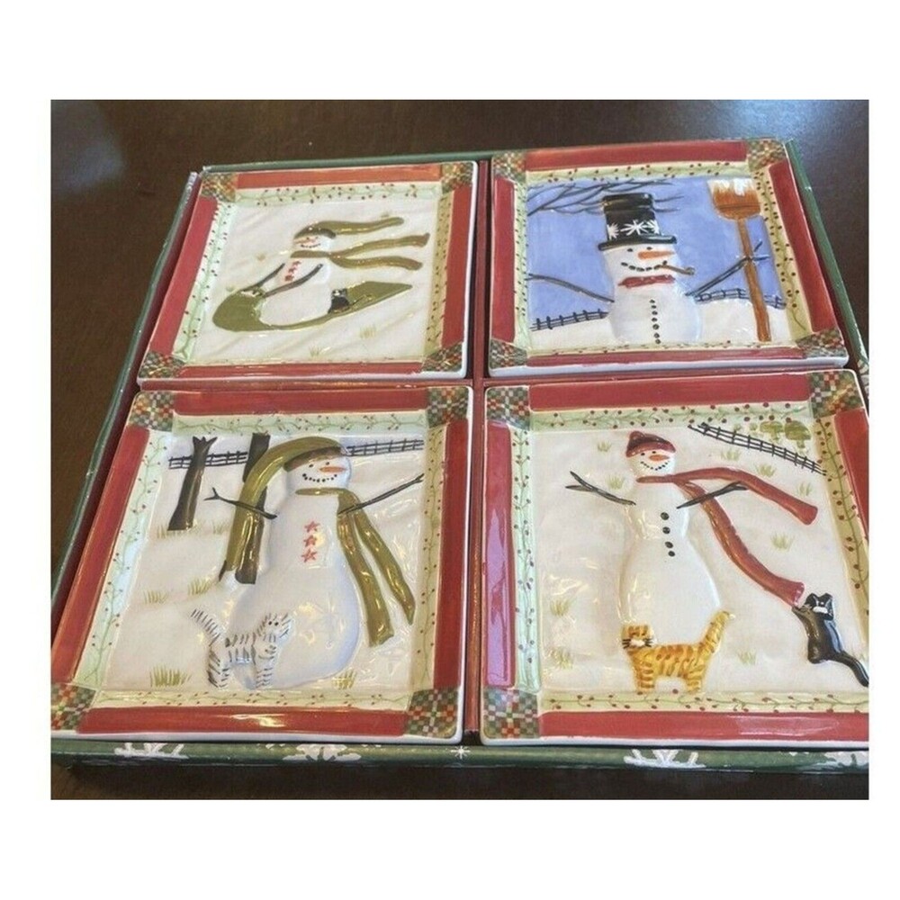 Snowman Plate Set of 4 Snowmen in Fields with Cats Holiday Christmas Winter